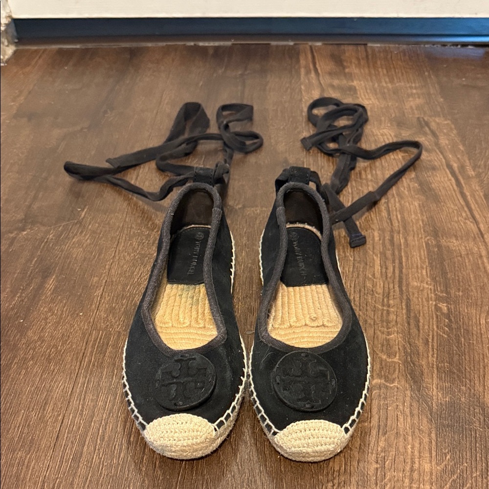 Tory Burch Black and Natural Espadrille Lace-Up Flats